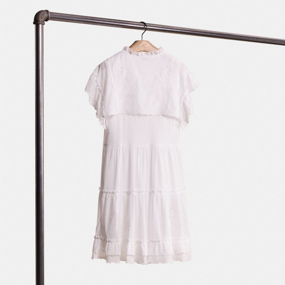 COACH®,Restored Broderie Anglaise Dress,Cotton,Polyester,Spandex,A-Line,Shirt Dress,Ruffles,Frills,Scallop,Eyelet,Day Party,White,Back View