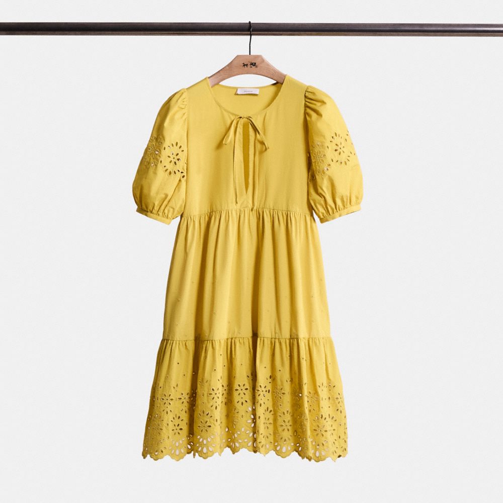 COACH®,Restored Broderie Anglaise Puff Sleeve Dress In Organic Cotton,Mustard,Front View