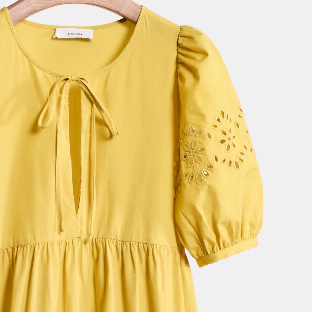 COACH®,Restored Broderie Anglaise Puff Sleeve Dress In Organic Cotton,Organic Cotton,Scallop,Ruched,Eyelet,Day Party,Mustard,Scale View