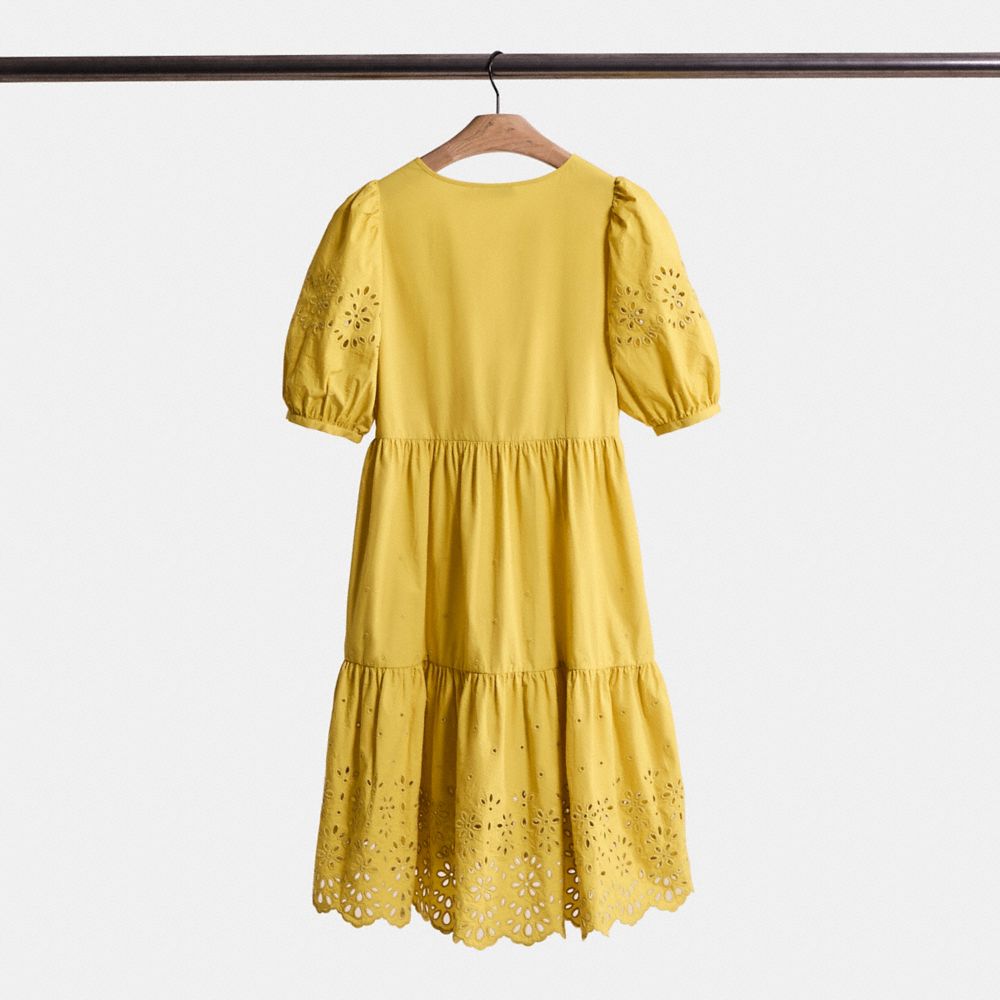 COACH®,Restored Broderie Anglaise Puff Sleeve Dress In Organic Cotton,Organic Cotton,Scallop,Ruched,Eyelet,Day Party,Mustard,Back View