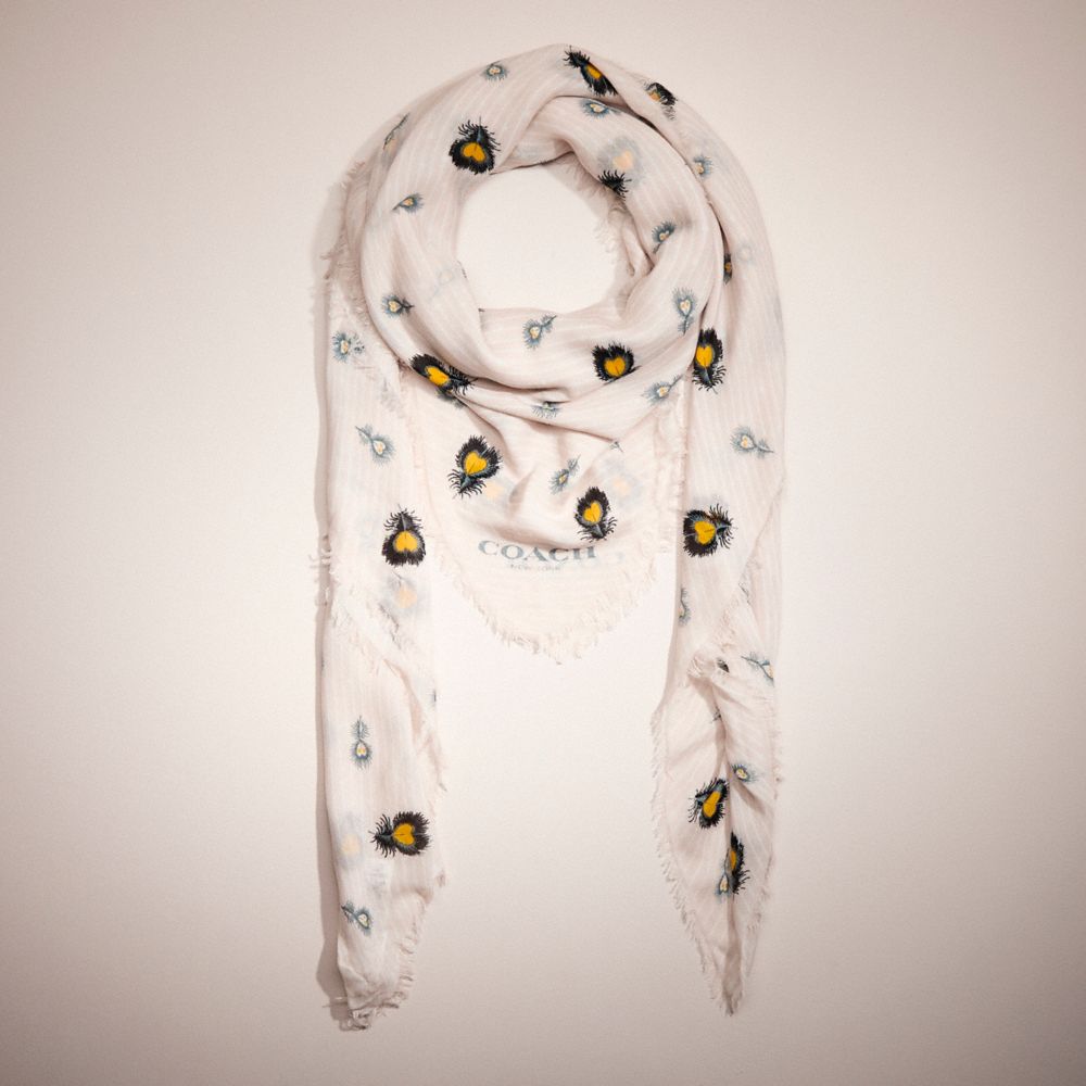 COACH®,Restored Love Feather Print Oversized Square Scarf,Cashmere,Modal,Square,Frayed,Casual,Cream,Front View