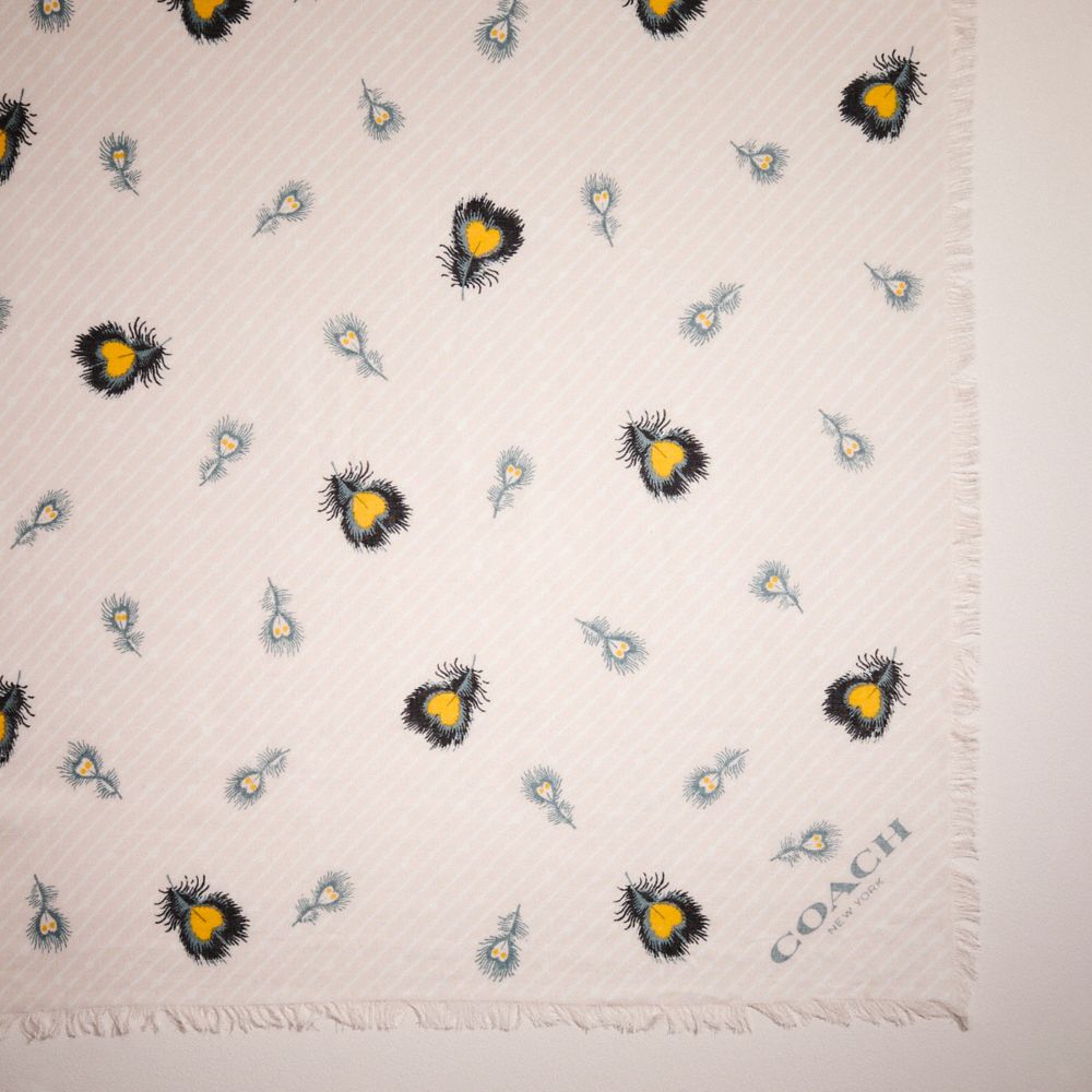 COACH®,Restored Love Feather Print Oversized Square Scarf,Cashmere,Modal,Square,Frayed,Casual,Cream,Closer View