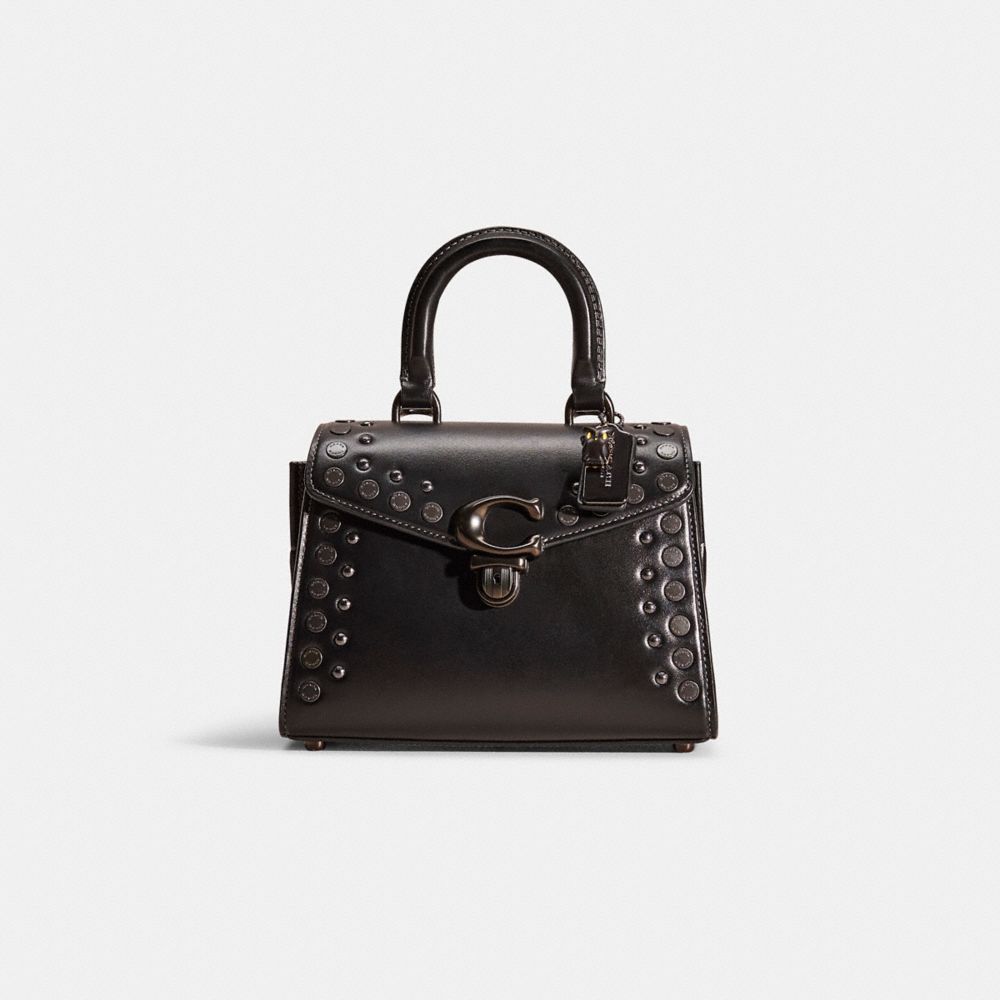 COACH®,Upcrafted Sammy Top Handle Bag 21,Leather,Crossbody,Logo,Studded,Silver Metal,Day Party,Black,Front View
