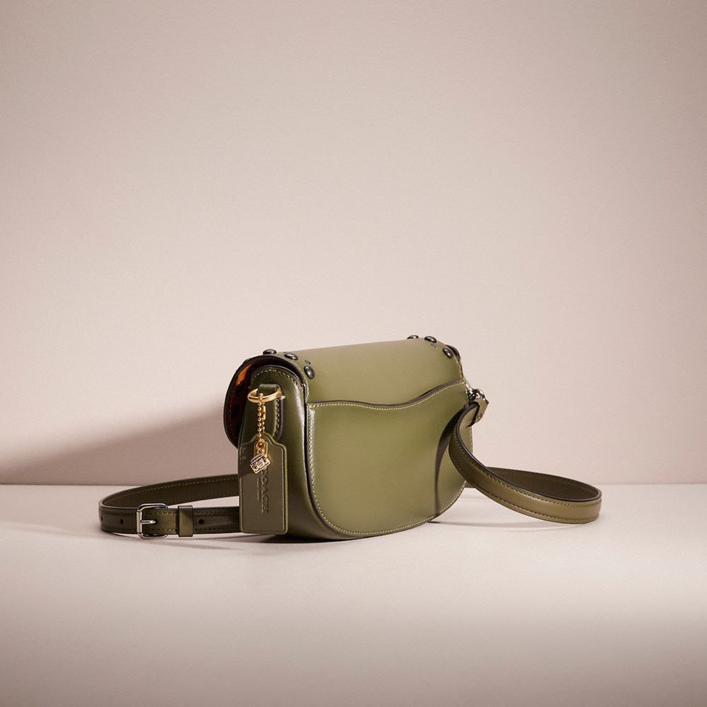 COACH®,Upcrafted Harley Shoulder Bag 23,Leather,Lining Cotton,Cotton,Saddle Bag,Logo,Metal,Studded,Mixed Metal,Casual,Green,Angle View