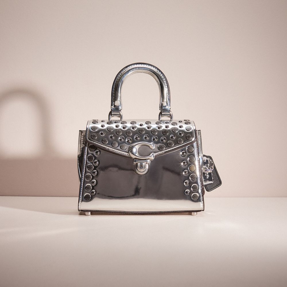 COACH®,Upcrafted Sammy Top Handle Bag 21 In Silver Metallic,Leather,Crossbody,Logo,Studded,Embellished,Silver Metal,Cocktail,Metallic,Silver,Front View