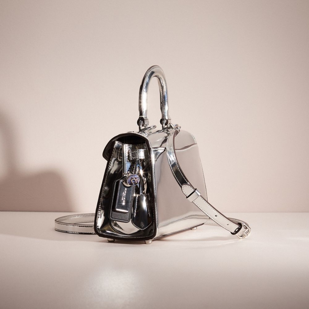 COACH®,Upcrafted Sammy Top Handle Bag 21 In Silver Metallic,Leather,Crossbody,Logo,Studded,Embellished,Silver Metal,Cocktail,Metallic,Silver,Angle View