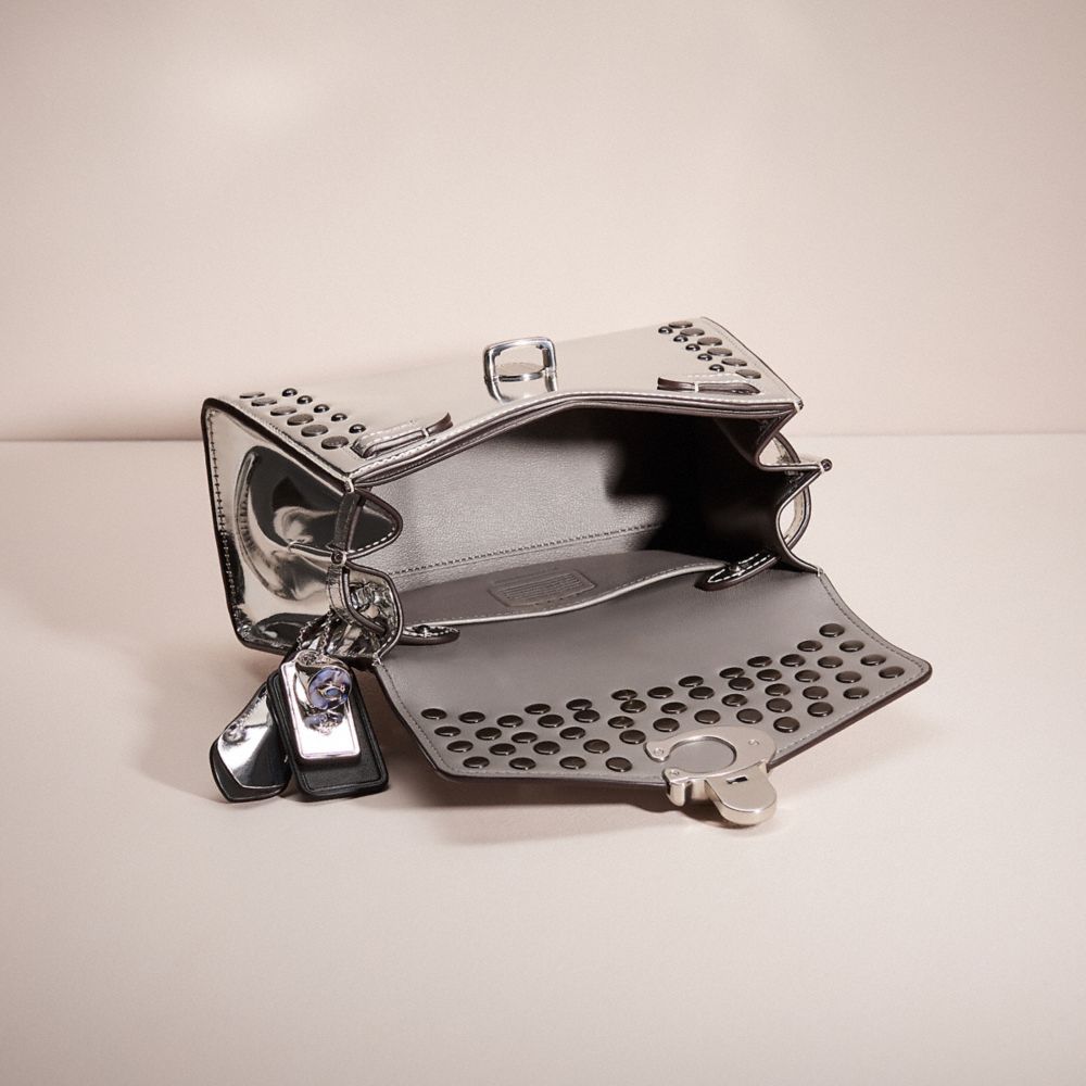 COACH®,Upcrafted Sammy Top Handle Bag 21 In Silver Metallic,Leather,Crossbody,Logo,Studded,Embellished,Silver Metal,Cocktail,Metallic,Silver,Inside View,Top View