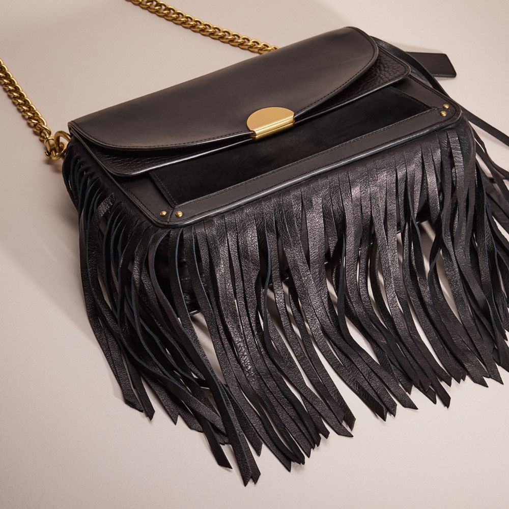 COACH®,Upcrafted Dreamer Shoulder Bag,Leather,Crossbody,Fringe,Logo,Metal,Gold Metal,Day Party,Black,Closer View