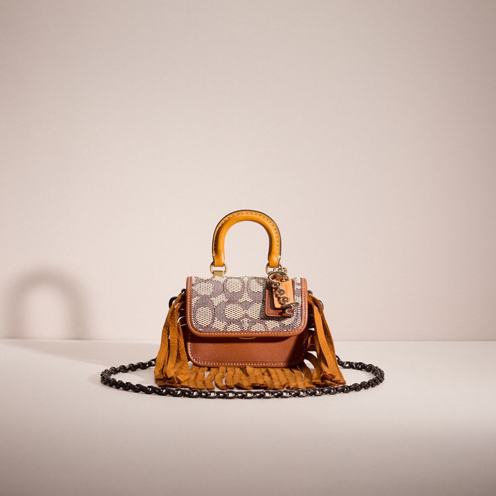 COACH®,Upcrafted Rogue Top Handle Bag 12 In Signature Textile Jacquard,Leather,Crossbody,Fringe,Mixed Media,Piping,Metal,C...,Brown,Front View