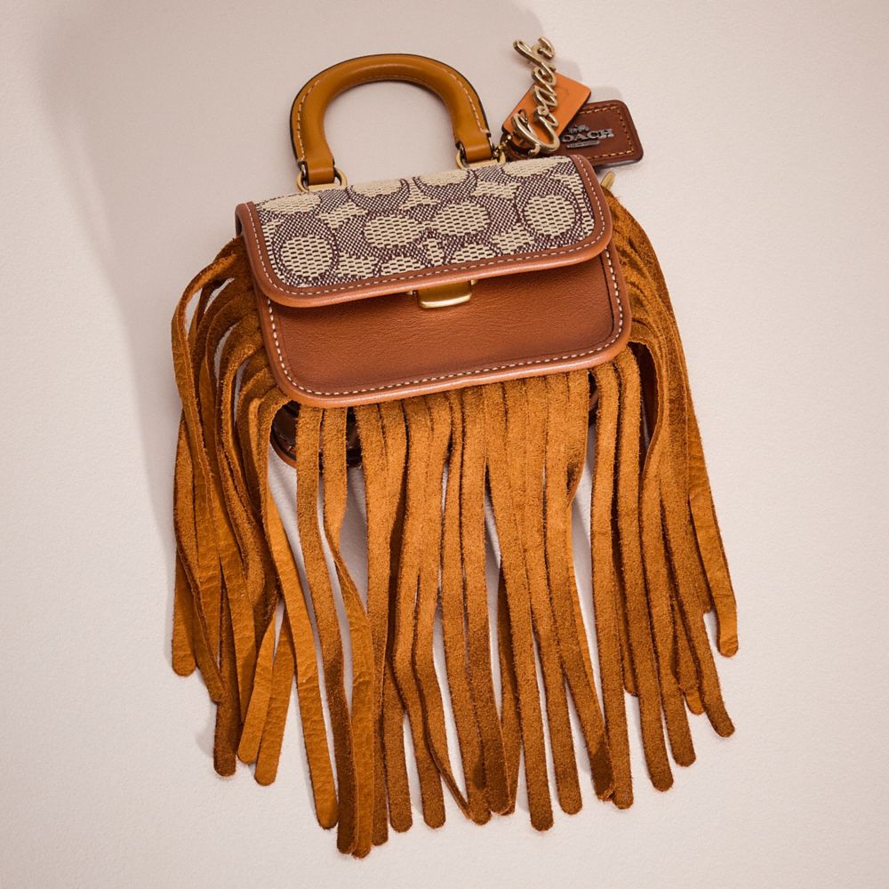 COACH®,Upcrafted Rogue Top Handle Bag 12 In Signature Textile Jacquard,Leather,Crossbody,Fringe,Mixed Media,Piping,Metal,C...,Brown,Closer View