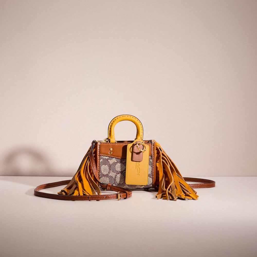 COACH®,Upcrafted Rogue Bag 12 In Signature Textile Jacquard,Leather,Crossbody,Fringe,Piping,Color Block,Day Party,Brown,Front View
