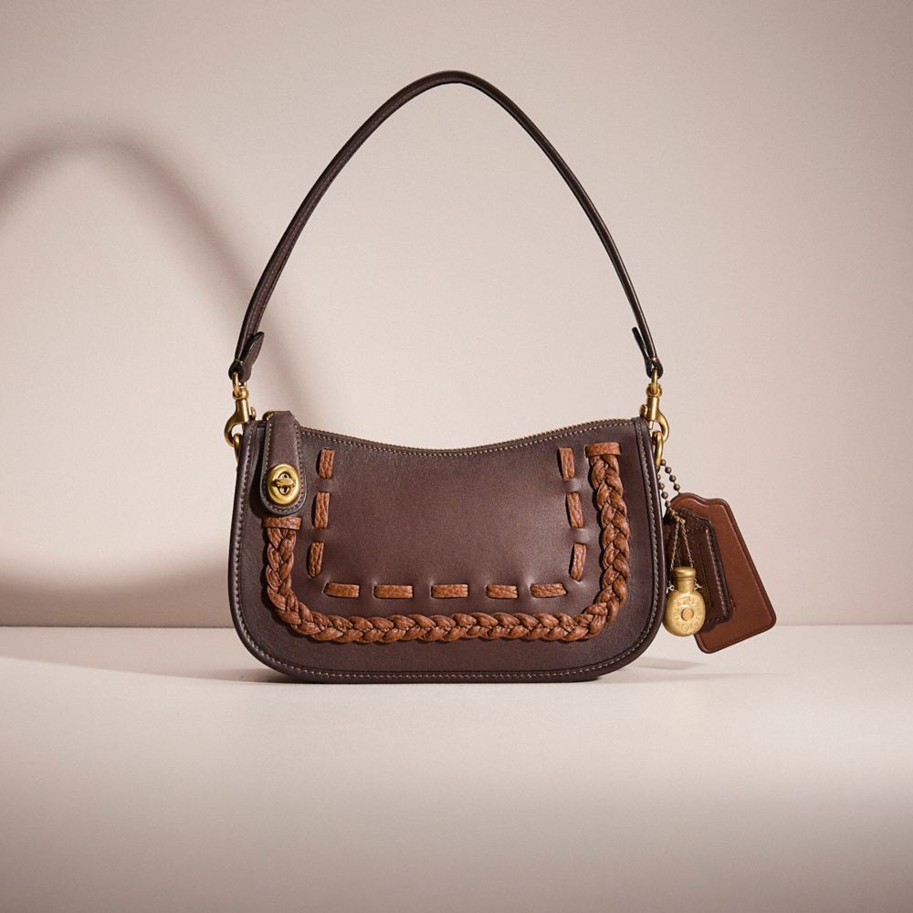 COACH®,Upcrafted Swinger Bag,Leather,Shoulder Bag,Braided,Applique,Metal,Studded,Logo,Gold Metal,Day Party,Brown,Front View