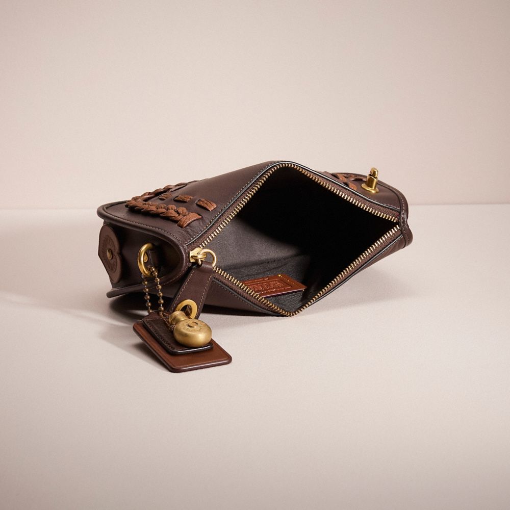 COACH®,Upcrafted Swinger Bag,Leather,Shoulder Bag,Braided,Applique,Metal,Studded,Logo,Gold Metal,Day Party,Brown,Inside View,Top View