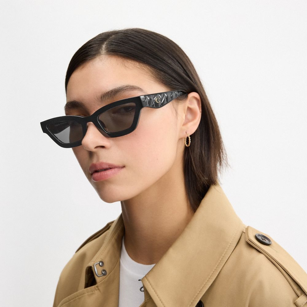 COACH®,Quilted Narrow Cat Eye Sunglasses,Black,Angle View