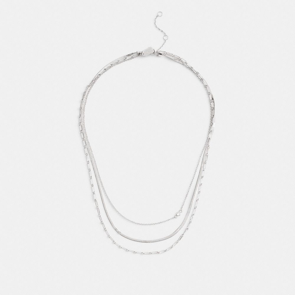 COACH®,Layered Chain Necklace,Layered,Cubic Zirconia,Chain Link,Logo,Lettering Word,Initials Embellishment,Casual,Clear,Inside View,Top View