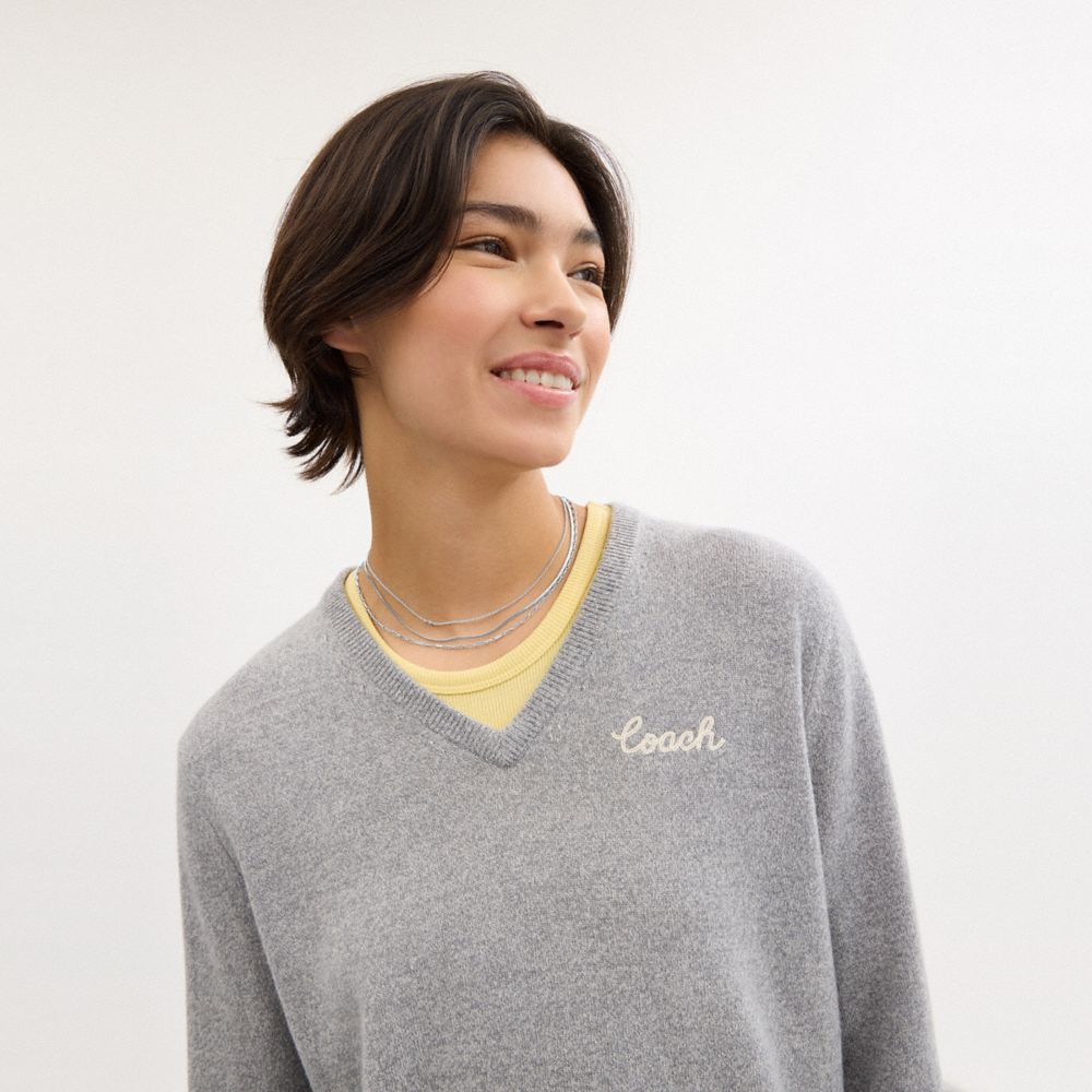 COACH®,Layered Chain Necklace,Layered,Cubic Zirconia,Chain Link,Logo,Lettering Word,Initials Embellishment,Casual,Clear,Detail View