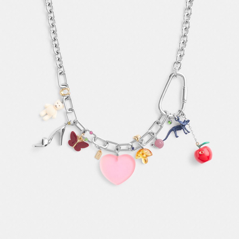 COACH®,Heart And Teddy Bear Statement Charm Necklace,,Front View