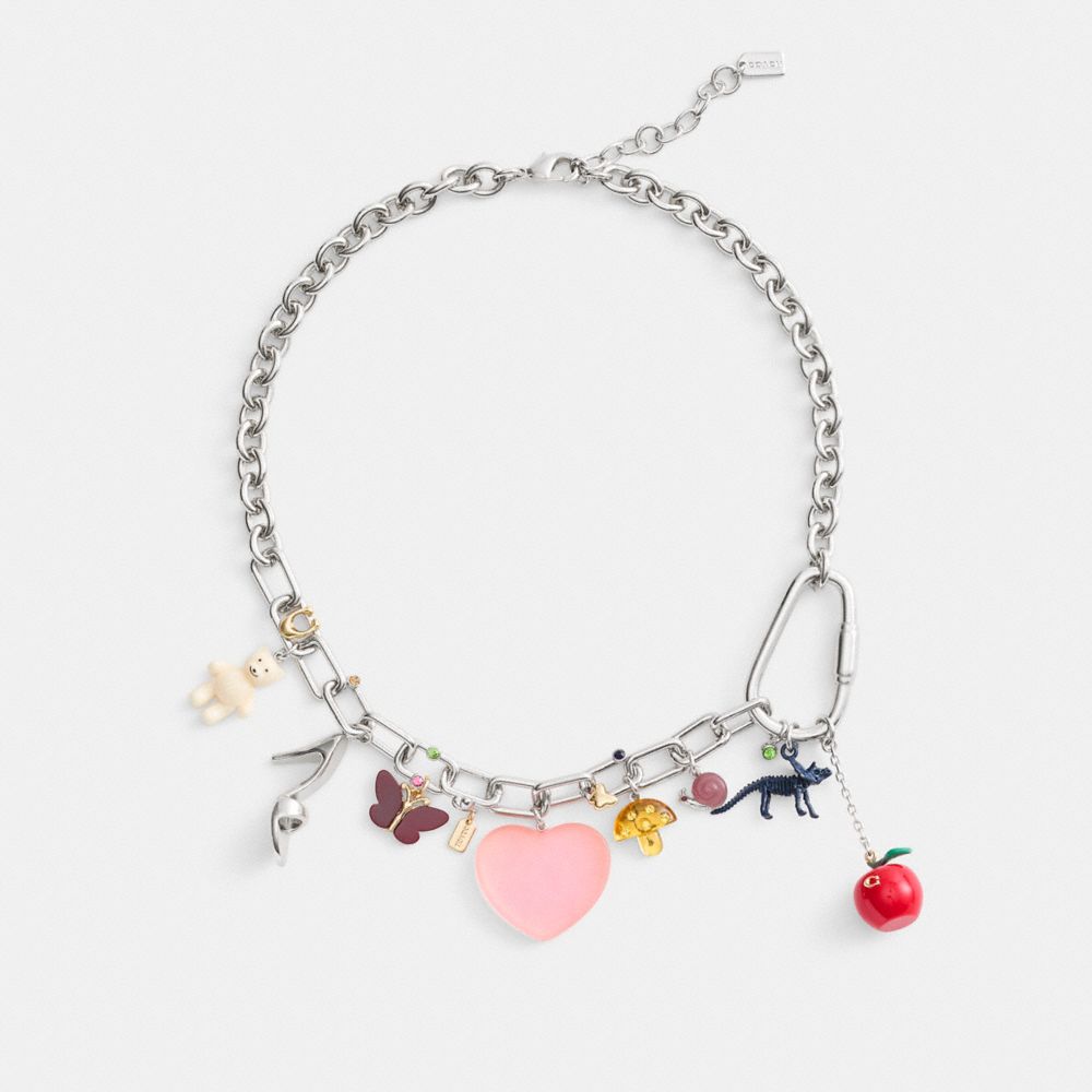 COACH®,Heart And Teddy Bear Statement Charm Necklace,Single Strand,Glass,Enamel,Resin,Cubic Zirconia,3D Embellishment,Nove...,Multi Color,Inside View,Top View