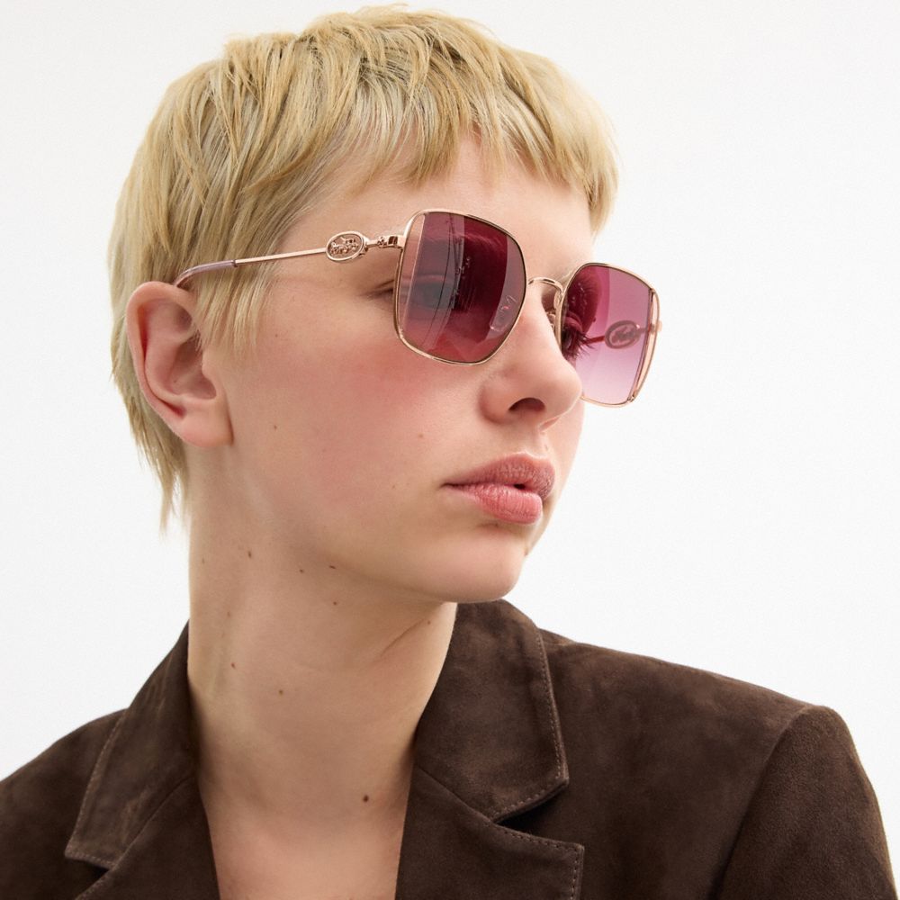 Coach Horse And Carriage Metal Oversized Square Sunglasses In Dusty Rose