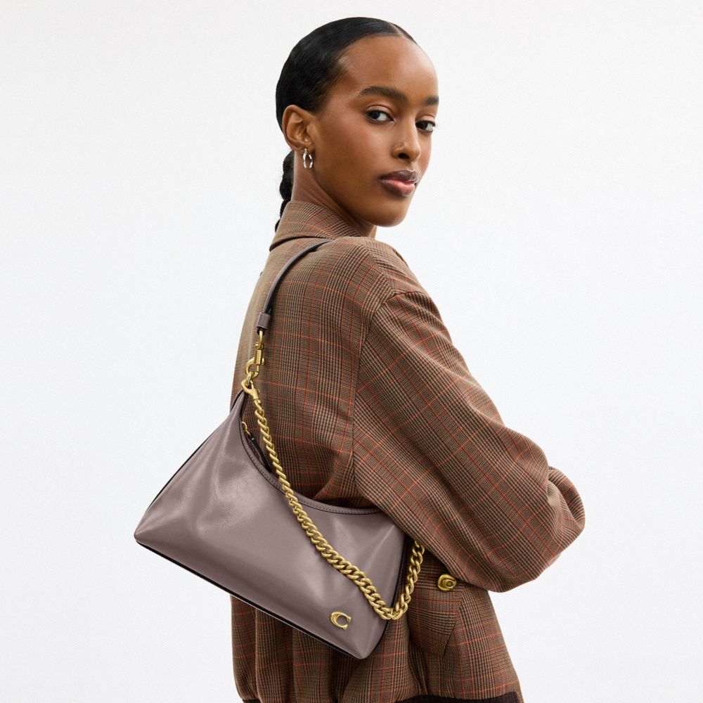 COACH®,Juliet Shoulder Bag 25,Calfskin Leather,Shoulder Bag,Studded,Logo,Chain Detail,Compact,Silver Metal,Day Party,Blush,Detail View