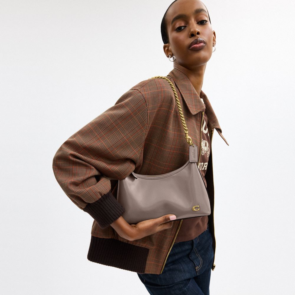 COACH®,Juliet Shoulder Bag 25,Calfskin Leather,Shoulder Bag,Studded,Logo,Chain Detail,Compact,Silver Metal,Day Party,Blush,Detail View