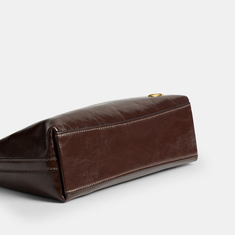 COACH®,Juliet Shoulder Bag 25,Calfskin Leather,Shoulder Bag,Studded,Logo,Chain Detail,Compact,Silver Metal,Day Party,Brown,Outsole View