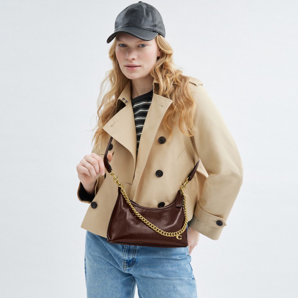 COACH®,Juliet Shoulder Bag 25,Calfskin Leather,Shoulder Bag,Logo,Studded,Chain Detail,Compact,Silver Metal,Day Party,Brown