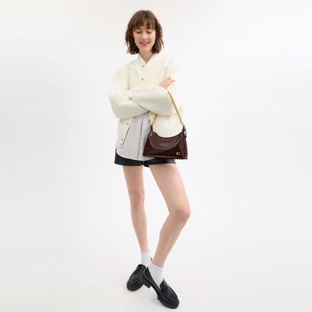 COACH®,Juliet Shoulder Bag 25,Calfskin Leather,Shoulder Bag,Logo,Studded,Chain Detail,Compact,Silver Metal,Day Party,Brown,Detail View