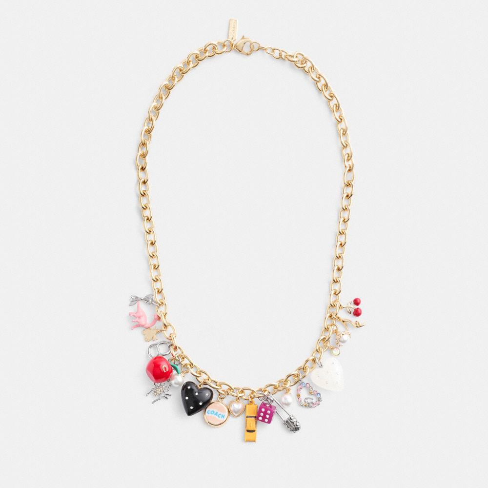 COACH®,Heart And Taxi Statement Charm Necklace,Single Strand,Resin,Glass,Cubic Zirconia,Food Embellishment,Gem Embellishme...,Multi Color,Inside View,Top View
