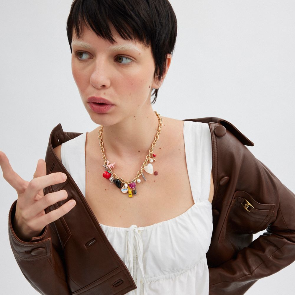 COACH®,Heart And Taxi Statement Charm Necklace,Single Strand,Resin,Glass,Cubic Zirconia,Food Embellishment,Gem Embellishme...,Multi Color,Detail View