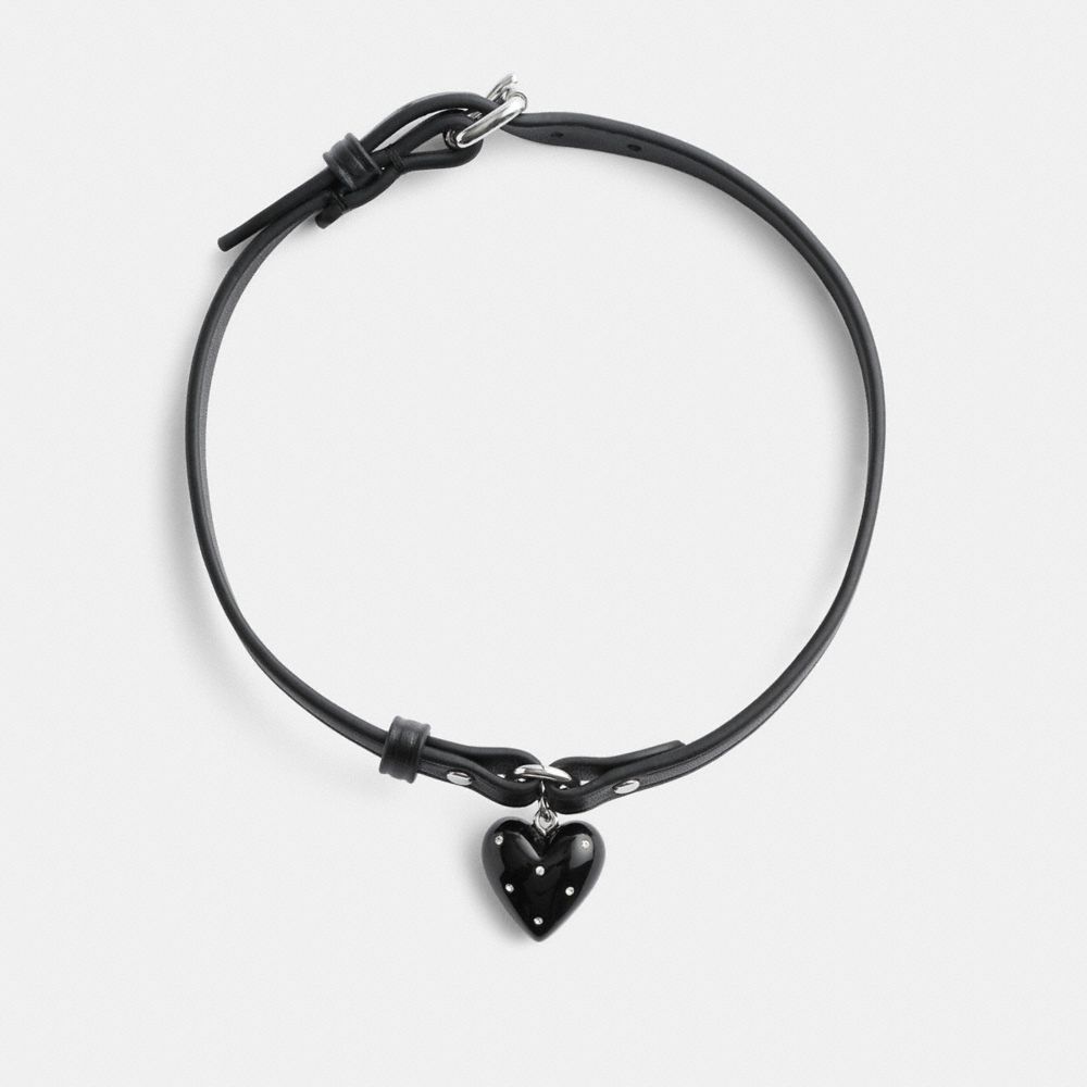 COACH®,Resin Heart Charm Leather Choker,Choker,Cubic Zirconia,Glass,Gem Embellishment,Studded,Brass,Casual,Black,Front View image number 0