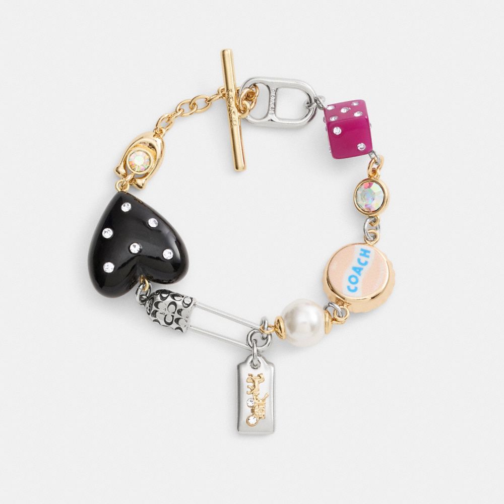 COACH®,Safety Pin And Heart Charm Bracelet,Cubic Zirconia,Glass,Resin,Bar Embellishment,Gem Embellishment,Novelty Embellis...,Multi Color,Inside View,Top View