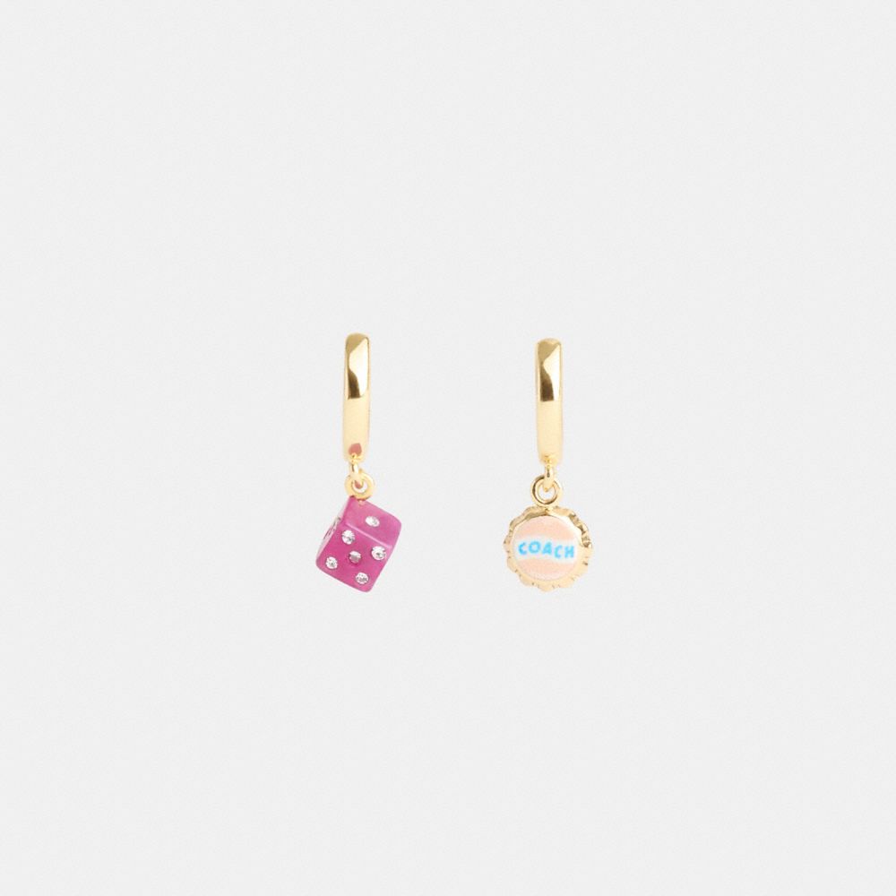 COACH®,Mini Bottle Cap And Dice Mismatch Earrings,Huggies,Dangle Earring,Cubic Zirconia,Glass,Resin,Gem Embellishment,Logo...,Multi Color,Inside View,Top View
