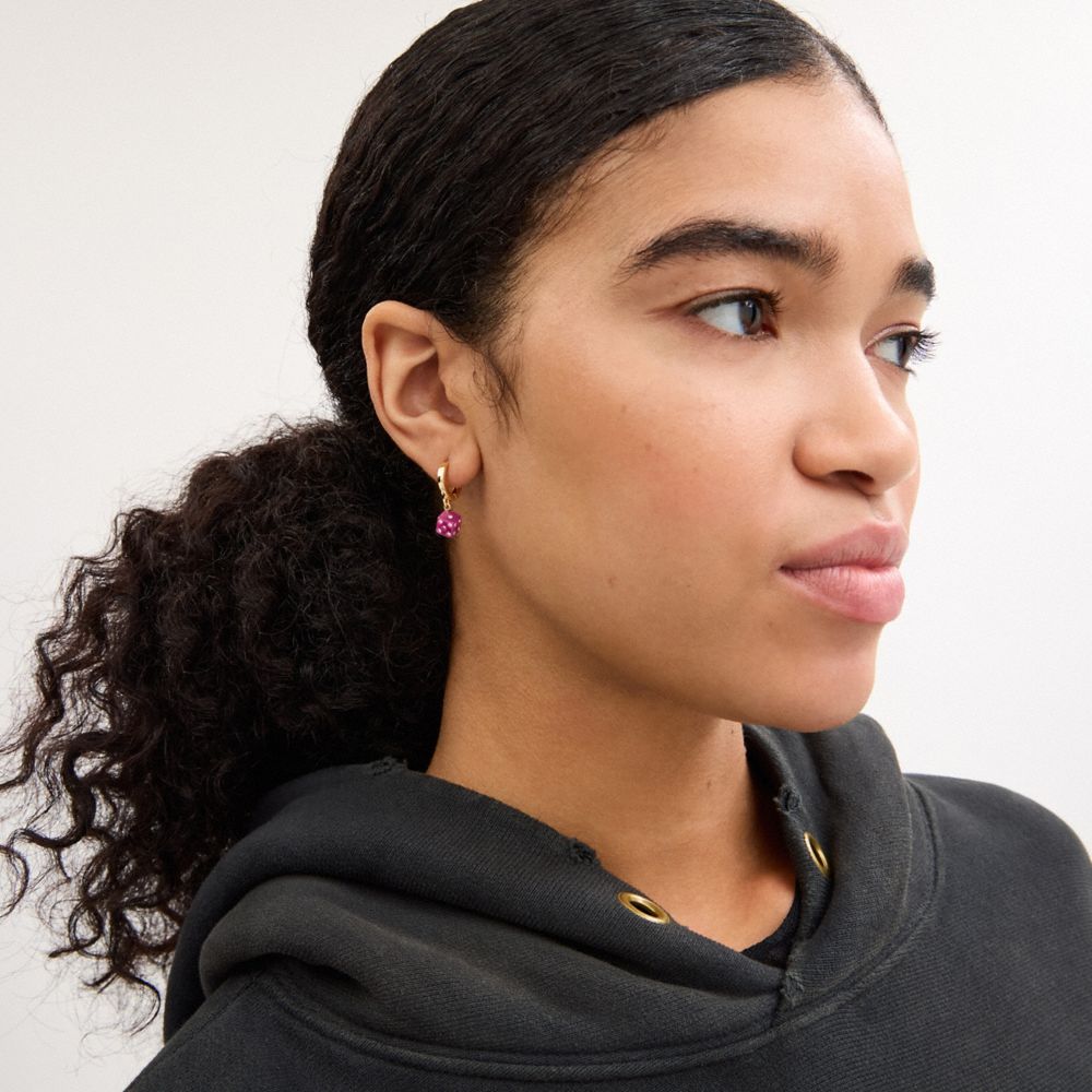 COACH®,Mini Bottle Cap And Dice Mismatch Earrings,Huggies,Dangle Earring,Cubic Zirconia,Glass,Resin,Gem Embellishment,Logo...,Multi Color,Detail View