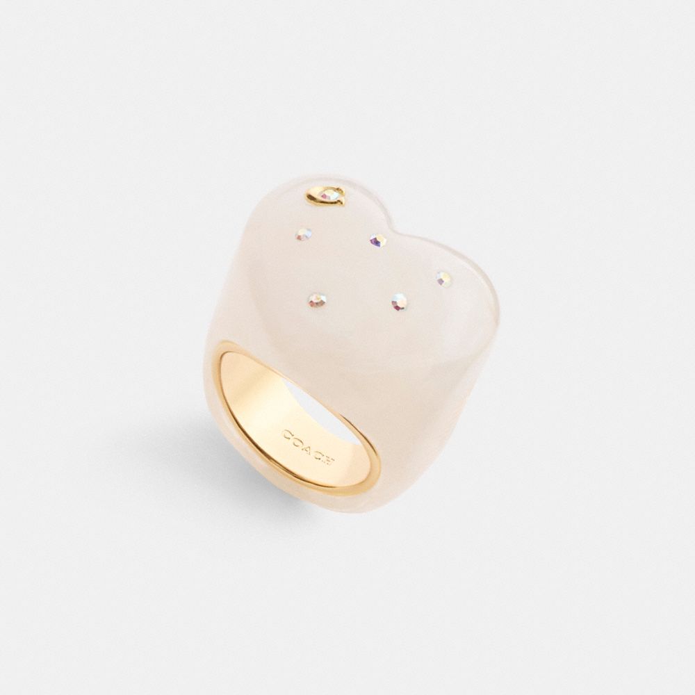 Shop Coach Chunky Resin Heart Ring In Gold/white