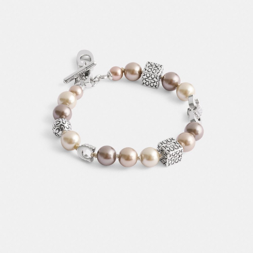 COACH®,Signature Pearls And Metal Bracelet,Pearl,Cubic Zirconia,Glass,Bead Embellishment,Logo,Pearl,Day Party,Multi Color,Front View image number 0