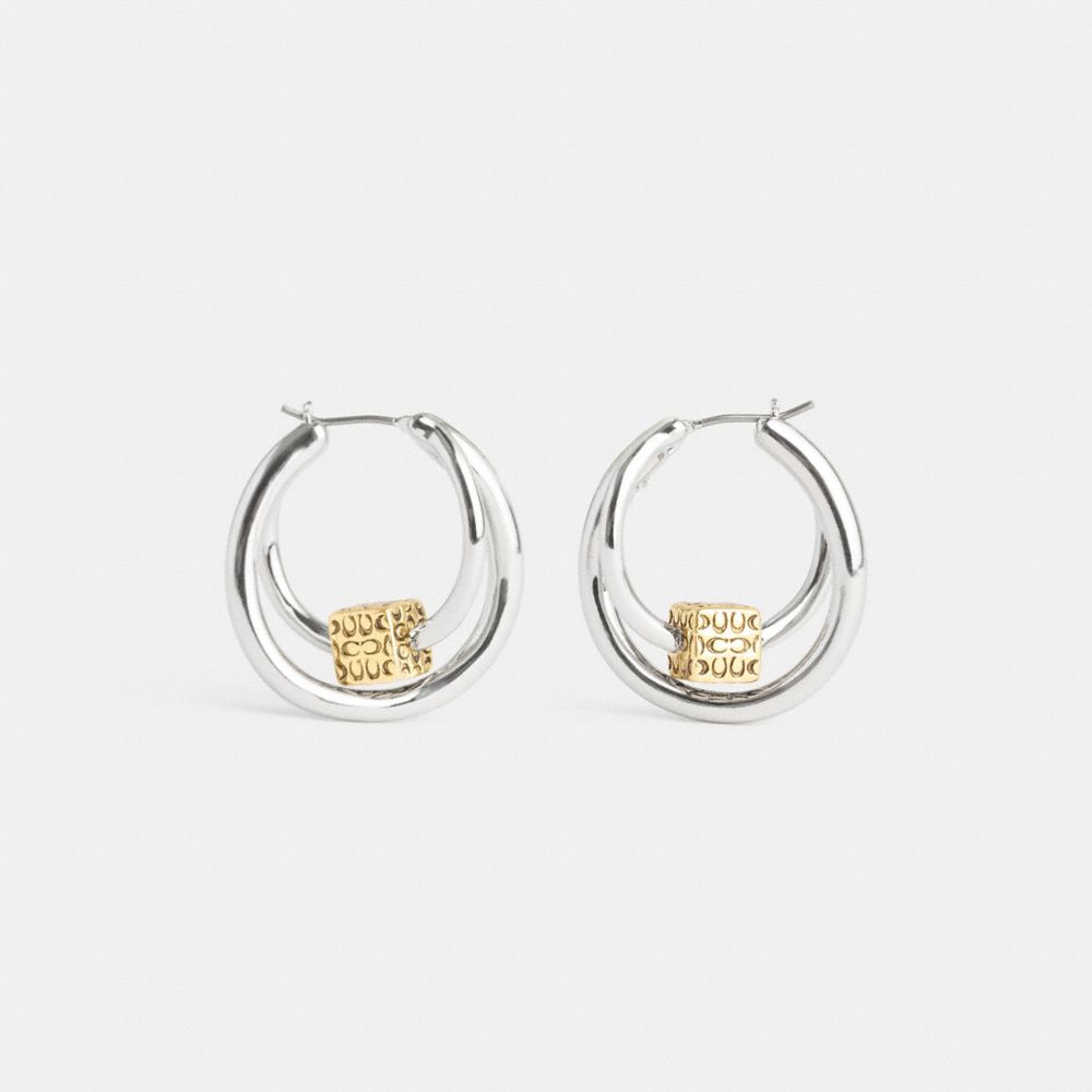 COACH®,Quilted Cube Double Hoop Earrings,Hoops,Metal Material,Cubic Zirconia,Logo,Day Party,Black,Inside View,Top View