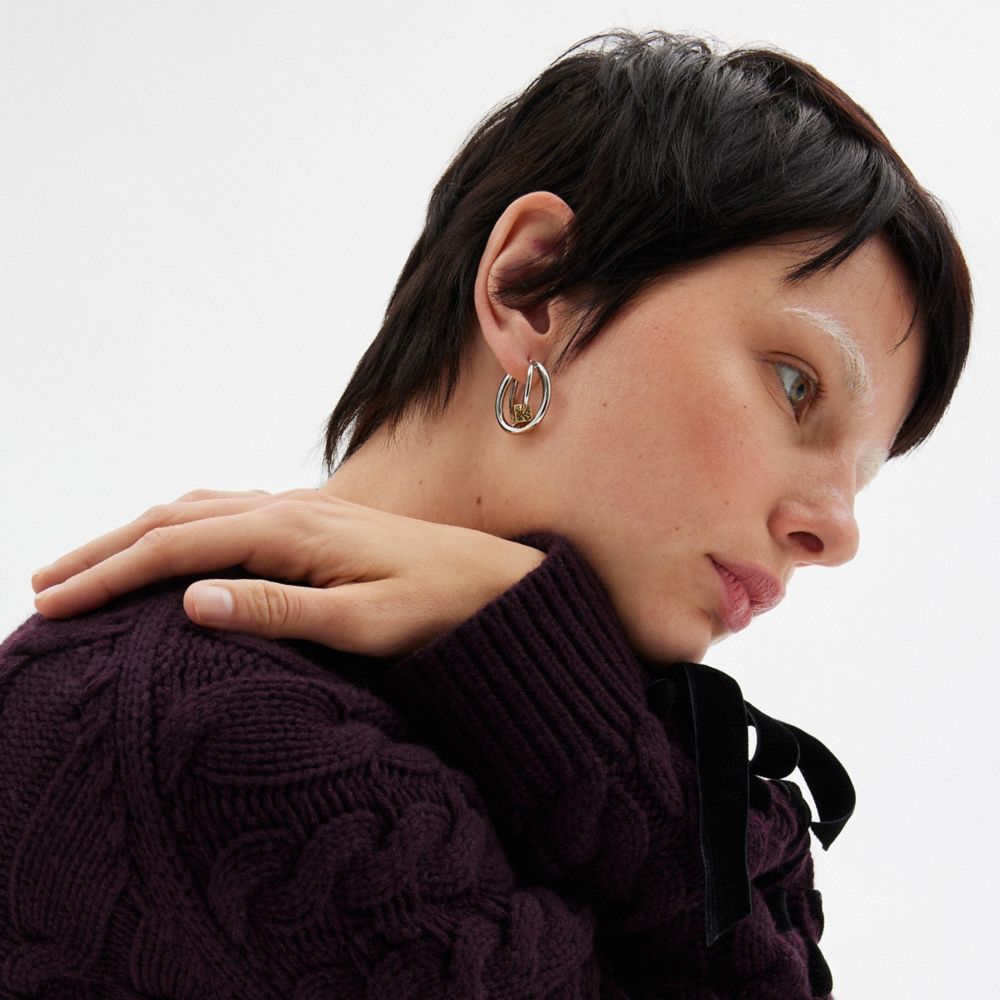 COACH®,Quilted Cube Double Hoop Earrings,Hoops,Metal Material,Cubic Zirconia,Logo,Day Party,Black,Detail View