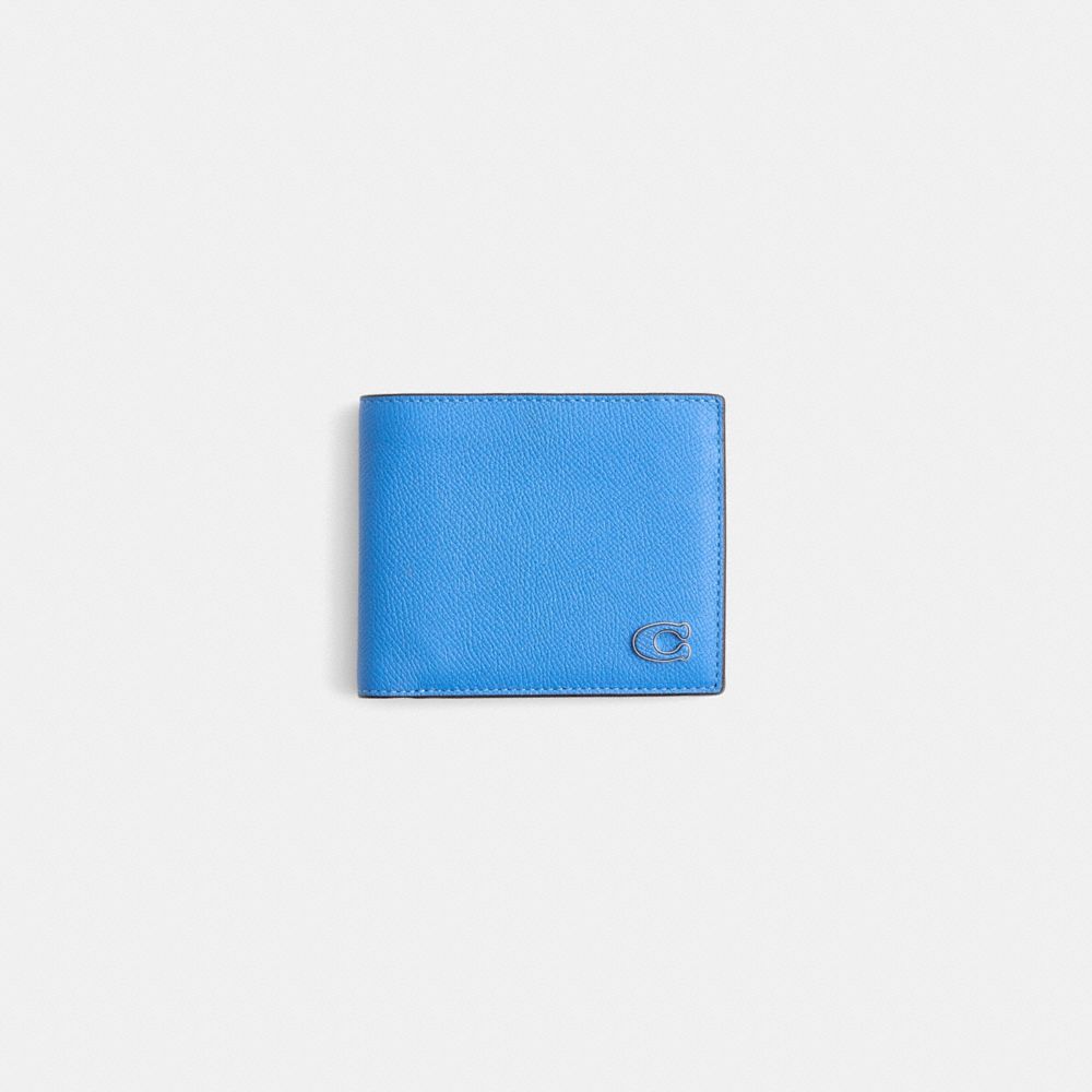 COACH®,Restored 3-In-1 Wallet With Signature Canvas Interior,Bi Fold,Metal,Logo,Casual,Blue,Front View