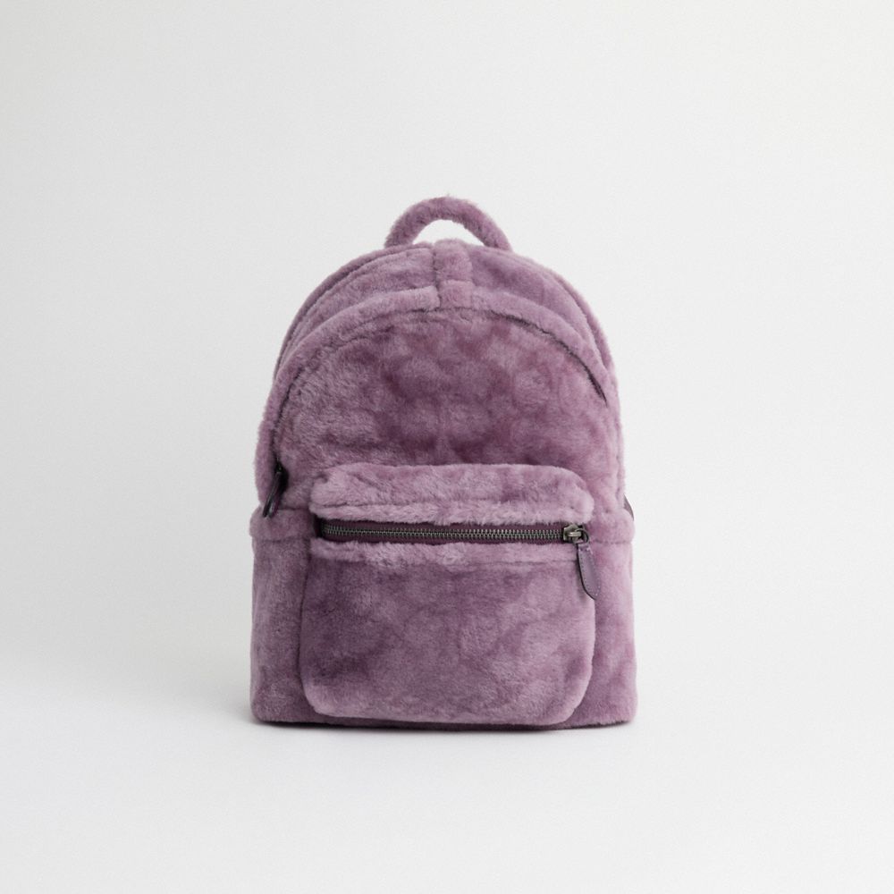 COACH®,Restored Charter Backpack In Signature Shearling,Leather,Backpack,Casual,Purple,Front View