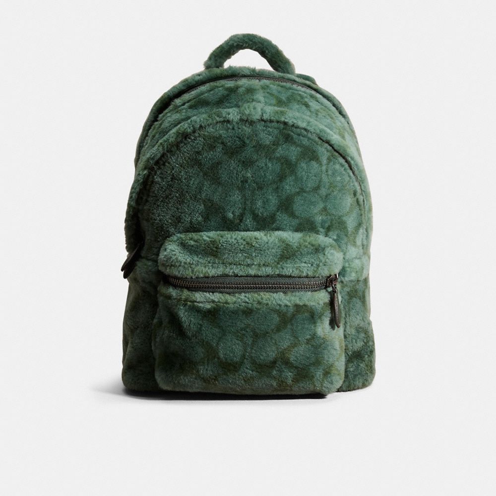 COACH®,Restored Charter Backpack In Signature Shearling,Leather,Backpack,Casual,Green,Front View