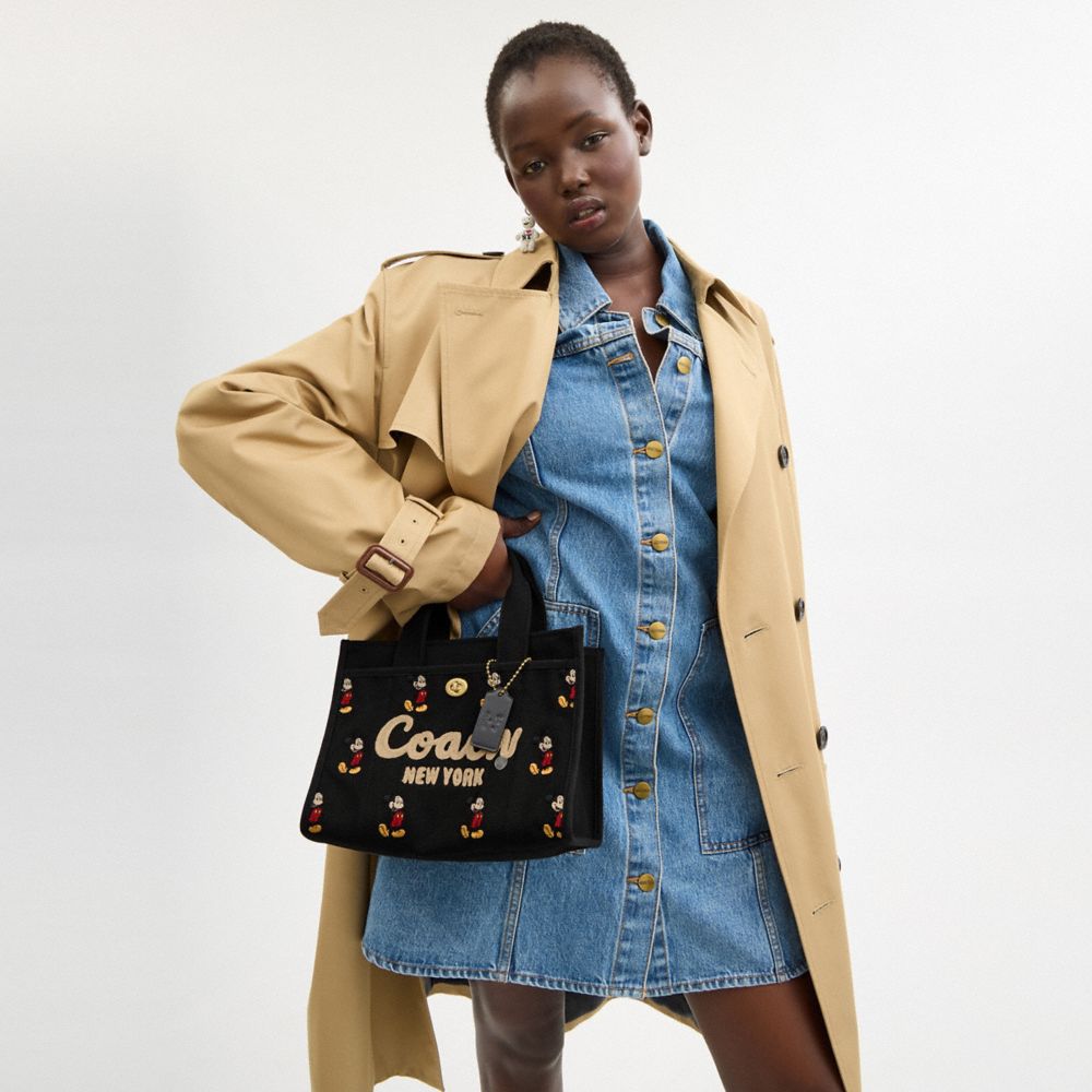 COACH®,Disney X Coach Cargo Tote Bag 26 With Mickey Mouse In Regenerative Cotton Canvas,Cotton,Crossbody,Embroidered,Brass...,Black,Detail View