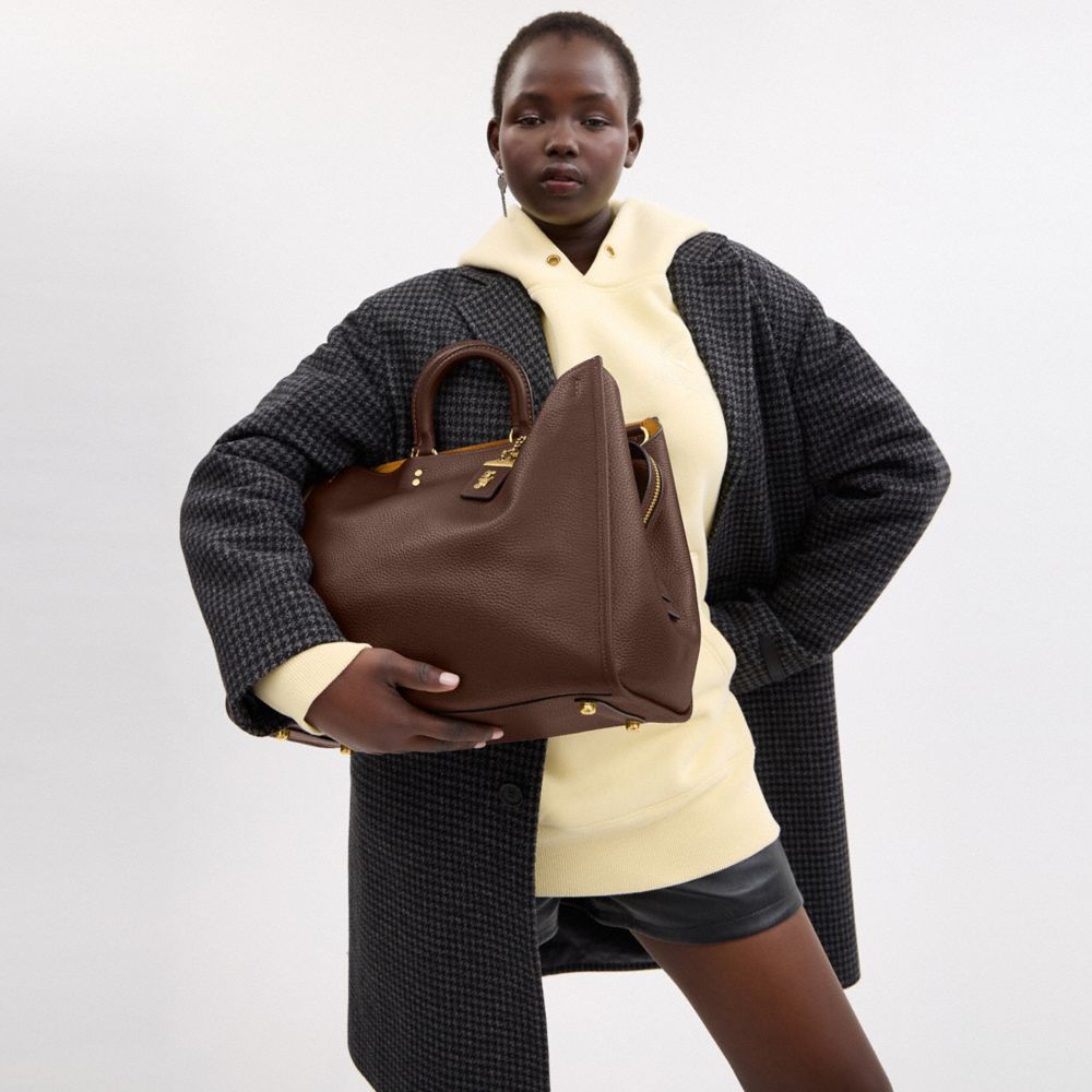 COACH®,Rogue Bag 39,Satchel,Metal,Studded,Logo,Work,Brown,Detail View