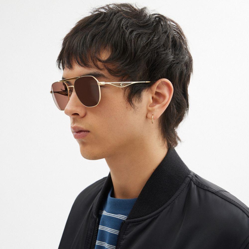 COACH®,C Hardware Metal Navigator Sunglasses,,Angle View