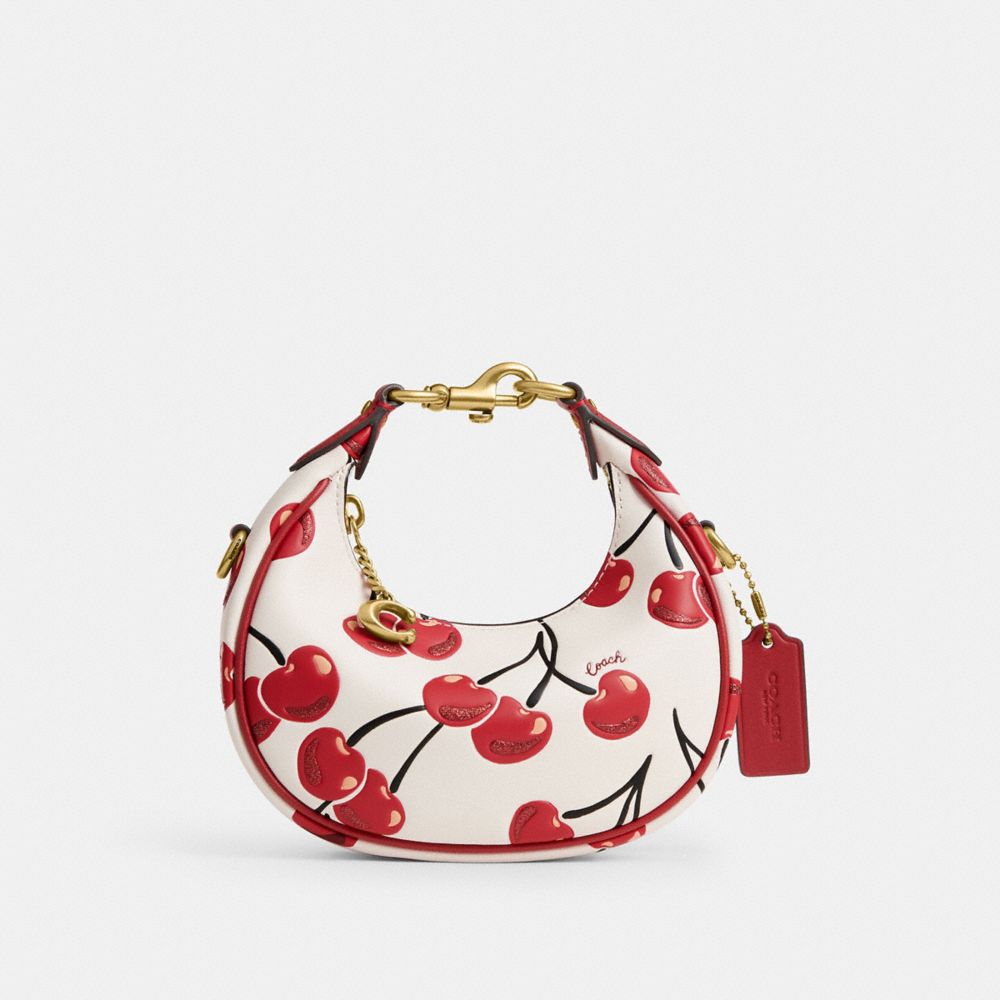 COACH®,Jonie Bag With Cherry Print,Leather,Crossbody,Logo,Metal,Piping,Chain Detail,Glitter,Brass,Day Party,White,Front View