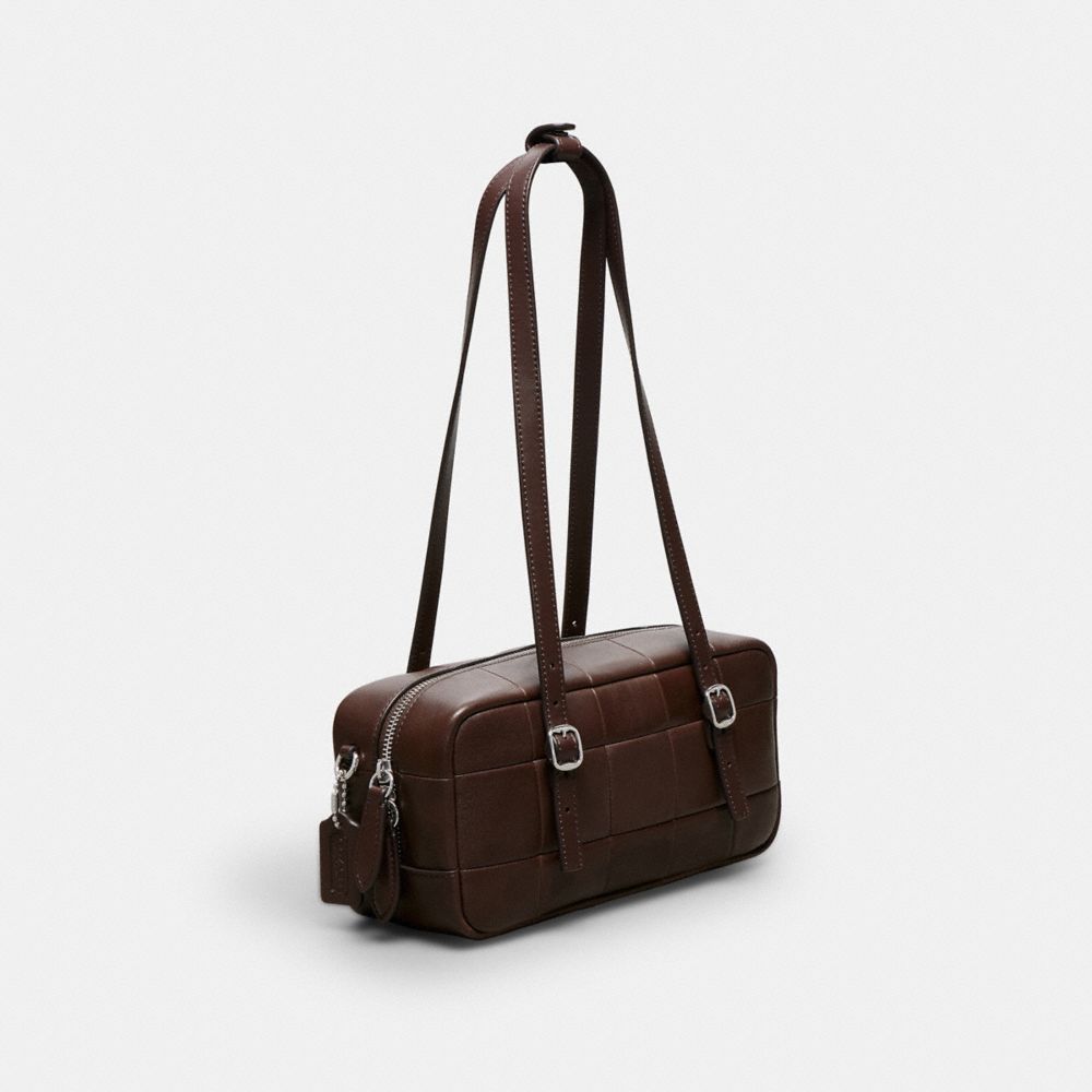 COACH®,Alter/Ego Satchel Bag In Checkerboard Upcrafted Leather,Leather,Satchel,Logo,Embossed,Sustainable,Casual,Brown,Angle View