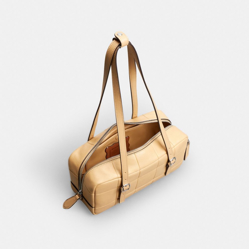 COACH®,Alter/Ego Satchel Bag In Checkerboard Upcrafted Leather,Leather,Satchel,Embossed,Logo,Sustainable,Casual,Beige,Inside View,Top View