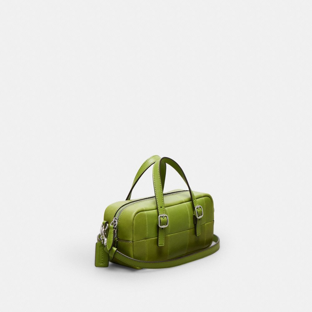 COACH®,Alter/Ego Mini Satchel Bag In Checkerboard Upcrafted Leather With Crossbody Strap,Leather,Satchel,Logo,Embossed,Adj...,Olive,Angle View
