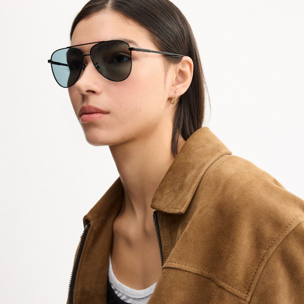 COACH®,C Hardware Metal Pilot Sunglasses,Aviator,Metal Material,Logo,Brow Bar,Adjustable Nose Pads,Color Metal,Casual,Green,Angle View