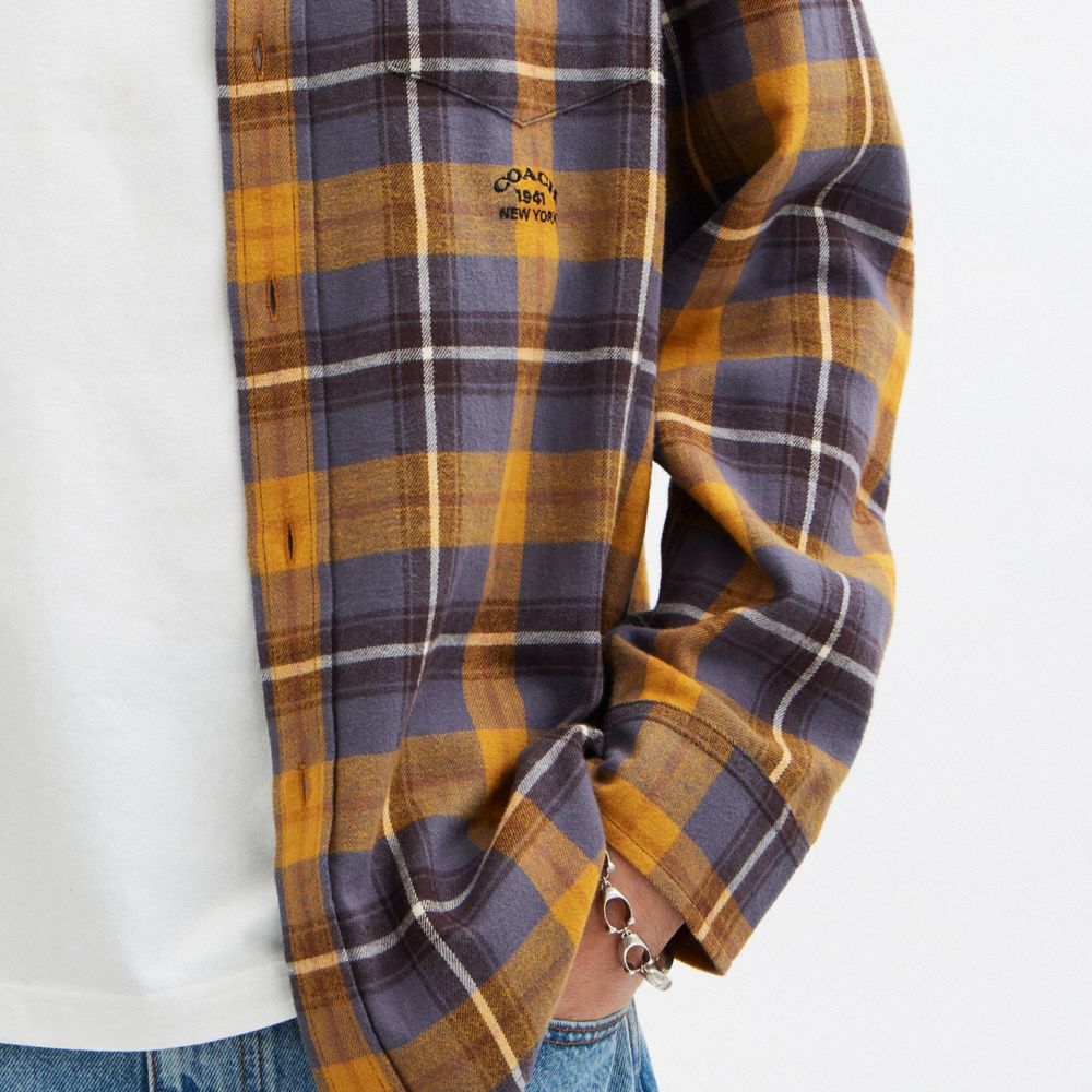 COACH®,Plaid Button Down Shirt,Cotton,Button Down,Embroidered,Logo,Casual,Multi Color,Detail View